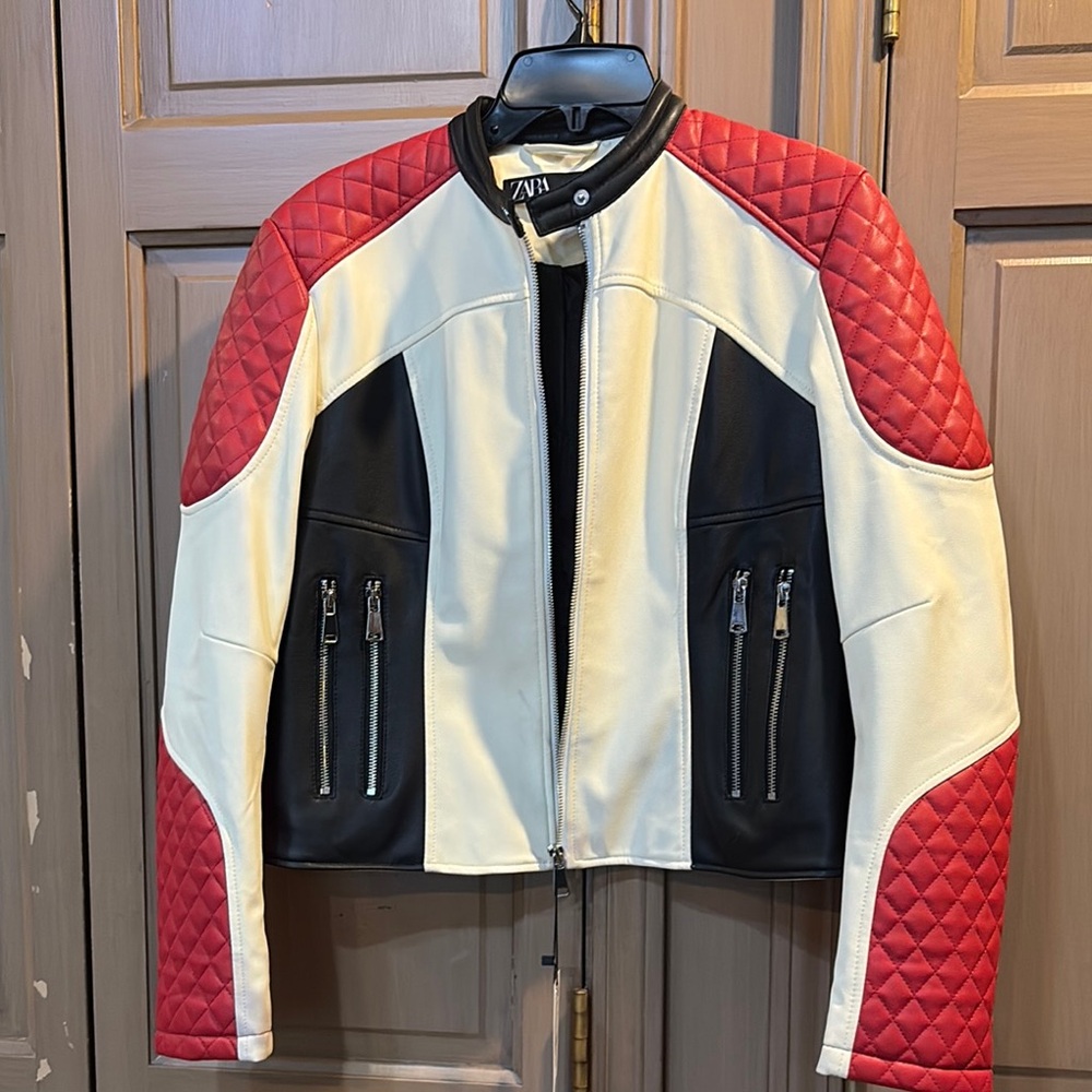 Zara Red and Black Leather Jacket with Sporty Silhouette